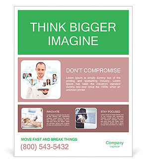 Global Business Concept: Adult Businessman Conducting Virtual Meeting With Team Using Tablet Computer Poster Template