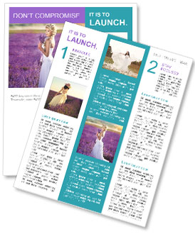 Stunning Lavender Wedding: Slim Bride In Luxurious Purple Dress With Blonde Hair, Smiling In Romantic Sunset Amidst Lavender Newsletter Template