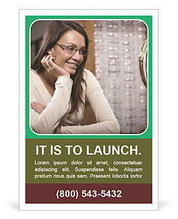 Smiling Hispanic Woman Trying On Spectacles In Mirror At Shop. Ad Template