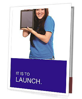 Isolated White Background Shot Of A Woman Holding A Tablet Presentation Folder