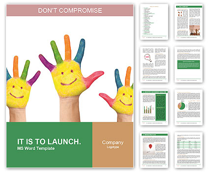 Colorful Handprints With Smiling Faces: Symbolizing Greetings, Approval, Or Teamwork By Children - Isolated Word Template