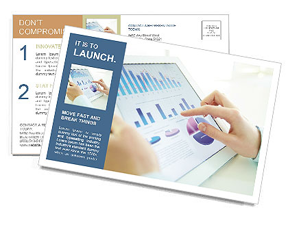 Analyzing Statistical Data: Office Worker Uses Touchpad In Close-Up Image Postcard Template