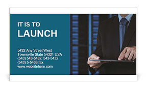 A man in a suit is holding a tablet Business Card Template