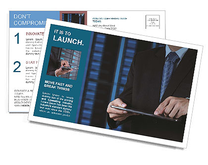 A man in a suit is holding a tablet Postcard Template