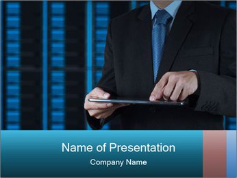 A man in a suit is holding a tablet PowerPoint Template