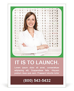 Optical Shop: Female Optometrist And Optician With A Plethora Of Glasses In The Background Ad Template