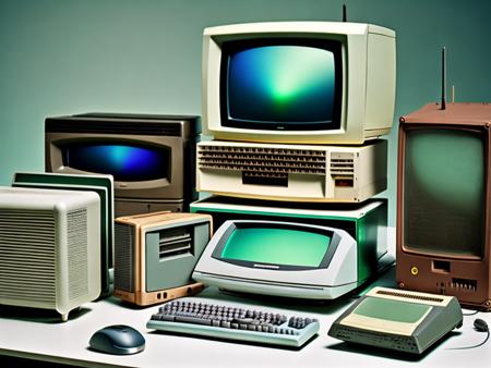 A bunch of old computers sitting on a table Image