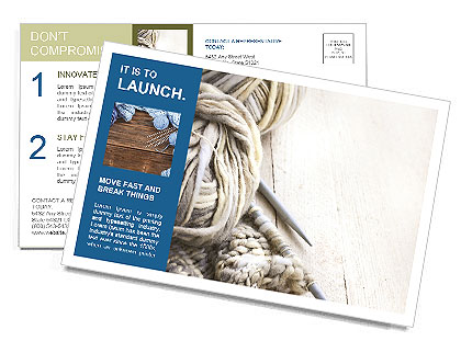 Natural Wool Background With Vintage Knitting Needles And Yarn On Wooden Surface Postcard Template