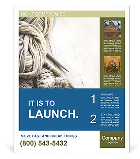 Natural Wool Background With Vintage Knitting Needles And Yarn On Wooden Surface Poster Template