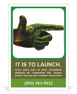 A green robotic hand pointing at something on a white background Ad Template