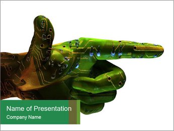 A green robotic hand pointing at something on a white background PowerPoint Template