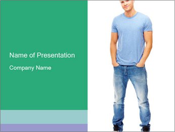 A man in a blue shirt is standing with his hands in his pockets PowerPoint Template