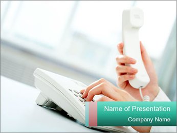 White Telephone: Close-Up Of Woman's Hands Dialing PowerPoint Template