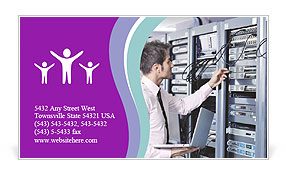 Networking Businessman: Young Engineer With Sleek Aluminum Laptop In A Server Room Business Card Template