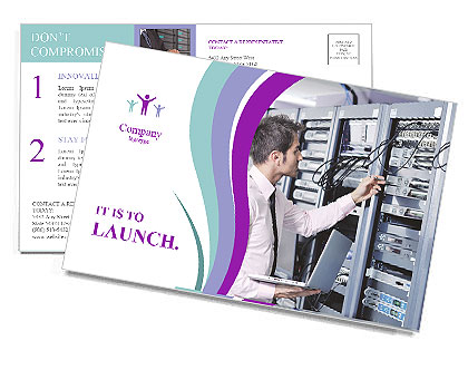 Networking Businessman: Young Engineer With Sleek Aluminum Laptop In A Server Room Postcard Template