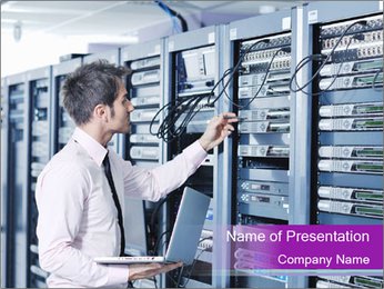 Networking Businessman: Young Engineer With Sleek Aluminum Laptop In A Server Room PowerPoint Template