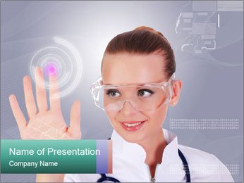 Collage Of A Young Nurse In White Uniform With Transparent Glasses And Stethoscope Clicking Virtual Buttons PowerPoint Template