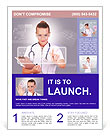 Collage Of A Young Doctor In White Uniform, Transparent Glasses And Stethoscope Clicking On A Virtual Keyboard. Flyer Template