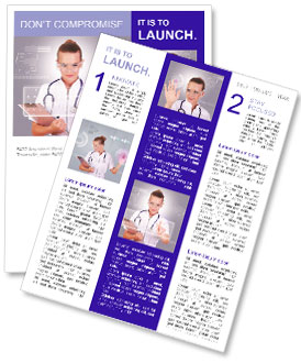 Collage Of A Young Doctor In White Uniform, Transparent Glasses And Stethoscope Clicking On A Virtual Keyboard. Newsletter Template