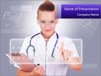 Collage Of A Young Doctor In White Uniform, Transparent Glasses And Stethoscope Clicking On A Virtual Keyboard. PowerPoint Template