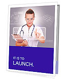 Collage Of A Young Doctor In White Uniform, Transparent Glasses And Stethoscope Clicking On A Virtual Keyboard. Presentation Folder