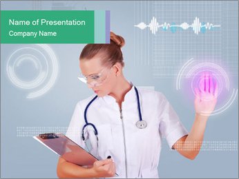 Collage Of A Young Nurse In White Uniform Using Virtual Buttons With Stethoscope And Transparent Glasses PowerPoint Template
