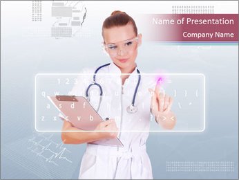 Collage Of A Young Doctor Wearing A White Uniform, Transparent Glasses, And A Stethoscope While Typing On A Virtual Keyboard PowerPoint Template