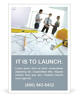 Image of engineering objects on workplace with three partners interacting on background Ad Template