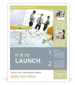 Image of engineering objects on workplace with three partners interacting on background Poster Template