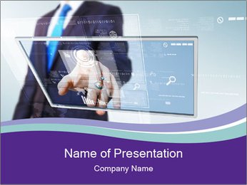 Blue-Suited Businessman Utilizing Digital Virtual Screen For Work PowerPoint Template