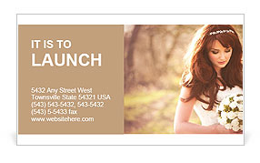 Charming bride looks at the bouquet Business Card Template