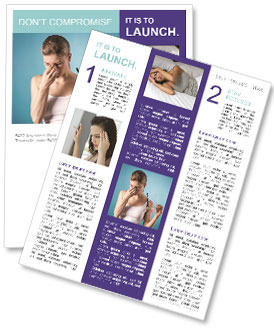 Girl With Eye Pain And Glasses: Young Woman Suffering From Eye Condition On Blue Background. Newsletter Template