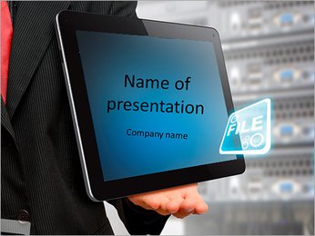 The programmer is holding tablet in hand with the title of the present PowerPoint Template