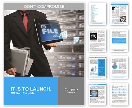 The programmer is holding tablet in hand with the title of the present Word Template