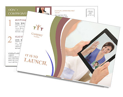 A young boy holding a tablet with the name of the presentation Postcard Template