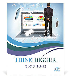 Business man in a suit stands back and looks at technology Poster Template