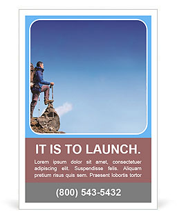 Hiker at the top of a rock with backpack enjoy sunny day Ad Template