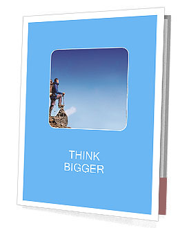 Hiker at the top of a rock with backpack enjoy sunny day Presentation Folder