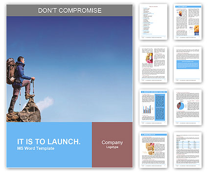 Hiker at the top of a rock with backpack enjoy sunny day Word Template