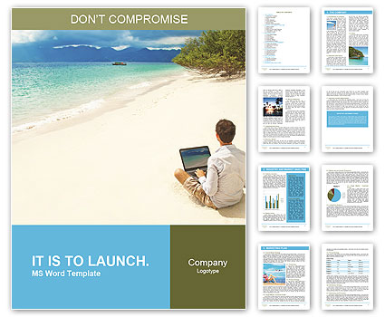 Man with laptop on colorful beach of island Word Template