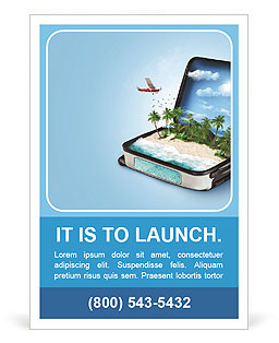 Open suitcase with a tropical island inside. Traveling Ad Template