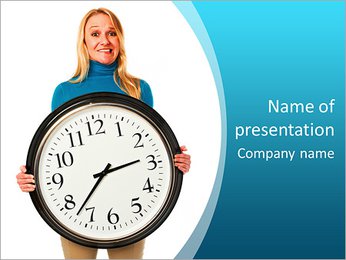 Young stressed woman holding a big clock PowerPoint Template