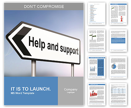 Illustration depicting a sign post with directional arrow containing a help and support concept. Blu Word Template