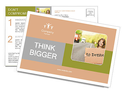 Young tourist hitchhiking along a road with message board Postcard Template