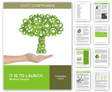 Hand hold green tree of industrial gear, environmental concept Word Template