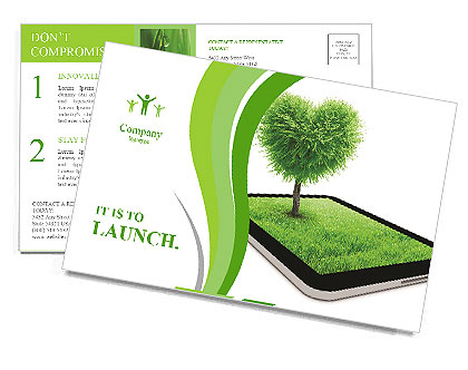 Black tablet like ipade with field and heart shape tree on it. Love concept background Postcard Template