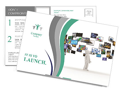 A technology man has images around his head. 3D images Postcard Template