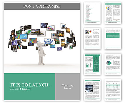 A technology man has images around his head. 3D images Word Template