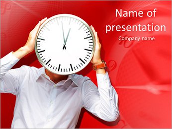 Young Man Holding Big Clock Covering His Face On Red Background PowerPoint Template