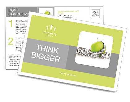 Measuring tape wrapped around a green apple as a symbol of diet. Postcard Template